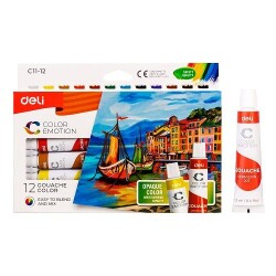 Темперни бои Deli Gouache EC11-12 на водна основа, 12 цвята х 12 мл в тубички