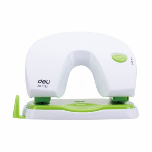 Перфоратор Deli Vivid E0123 офисен, до 20 листа, с ограничител, бял/зелен