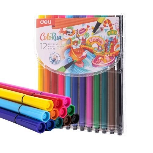 Флумастери Deli Colorun EC157-12, 12 цвята, измиващи се, PVC опаковка