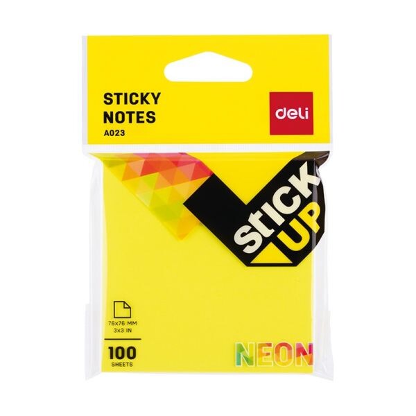 Самозалепващи листчета Deli Stick Up EA02302, 76 мм х 76 мм, жълт, неон, 100 л