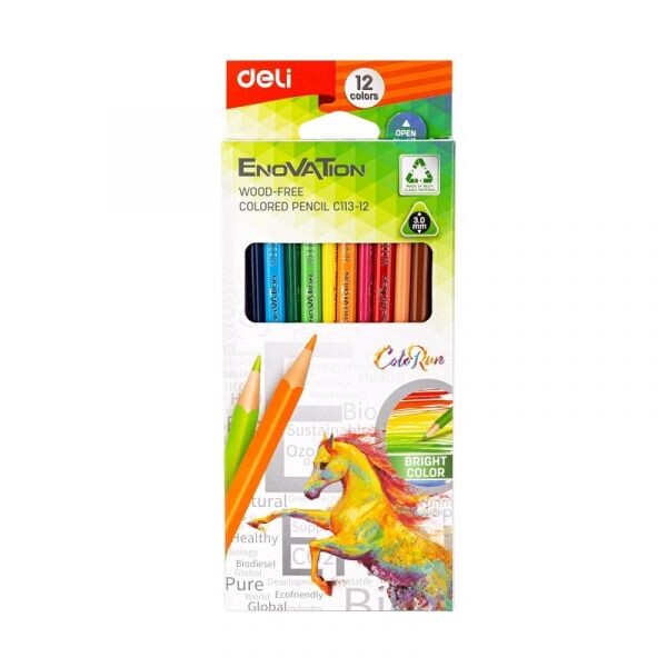 Цветни моливи Deli Enovation EC113-12, PS, с триъгълно тяло, 12 цвята, в картонена кутия