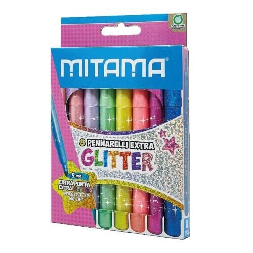 Флумастери с брокат MITAMA Jumbo Extra Glitter връх 5 мм, 8 интензивни цвята, PVC опаковка