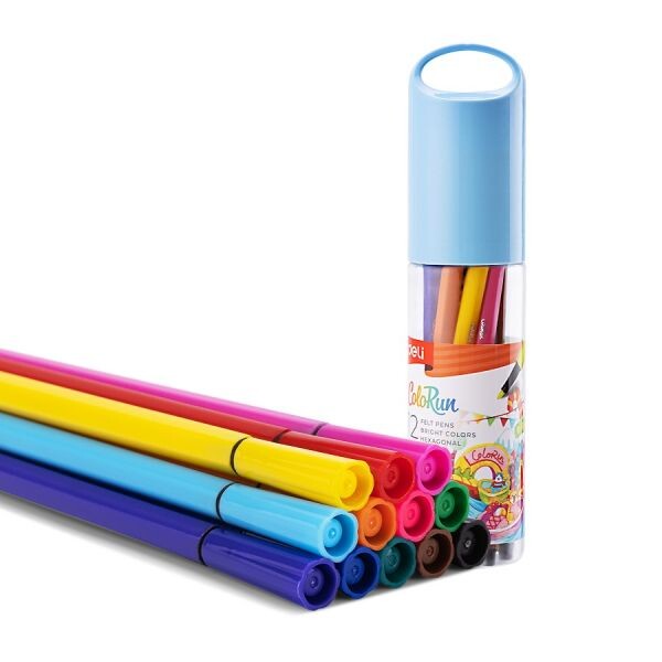 Флумастери Deli Colorun EC156-12, 12 цвята, измиващи се, пластмасов тубус